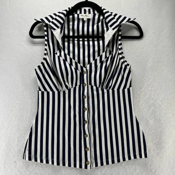 Blanc Nature Tops - Blanc Nature Blouse Womens Sz 40 Striped Button Front Sleeveless Blue White